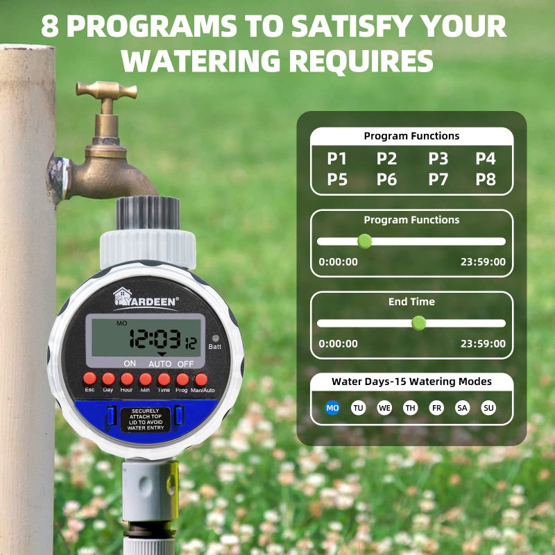 Yardeen Electronic Water Timer Garden Irrigation Controller Digital Intelligence Watering System LCD Waterproof, No Water Pressure Required - Image 2